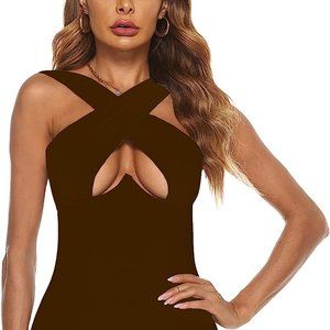 Women Brown Cut Out Halter Wrap Sexy Bodycon Party Sleeveless Tank Mini Dress